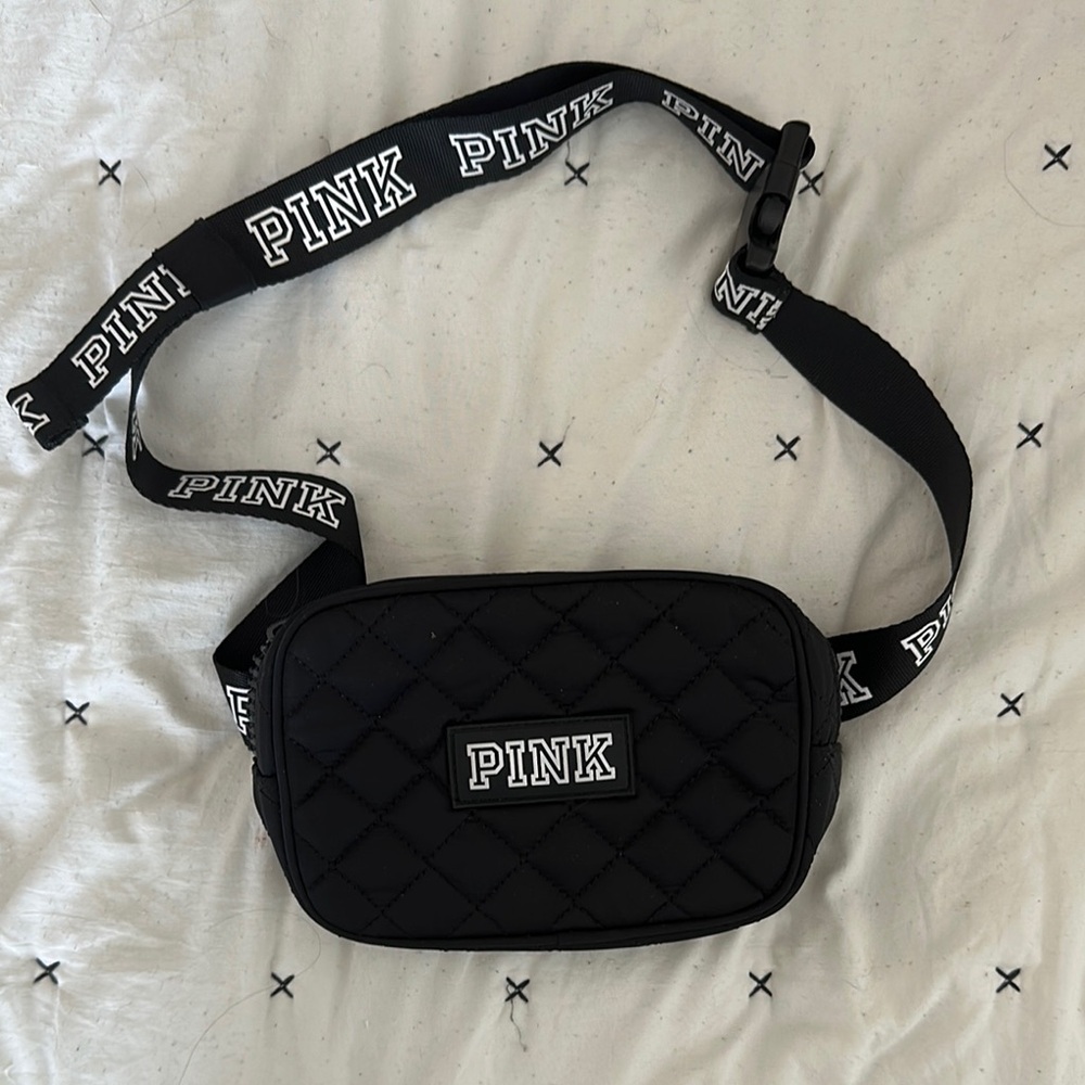 Black Quilted Belt Bag with Pink Logo